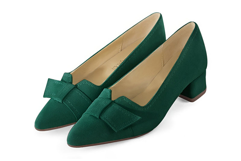 Forest green women's dress pumps, with a knot on the front. Tapered toe. Low flare heels. Front view - Florence KOOIJMAN